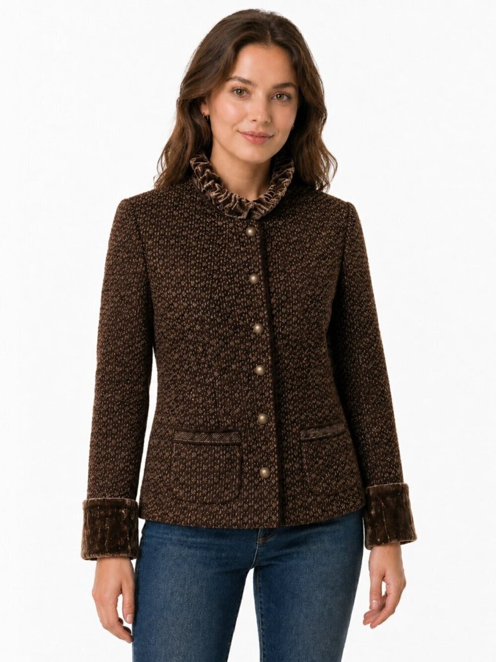 Tahari Brown Tan Velvet Trim Wool Tweed Jacket